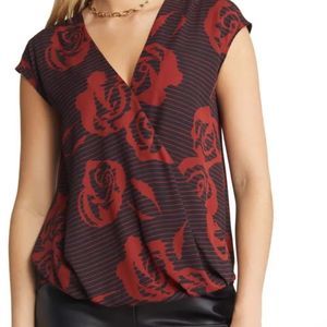 Women’s Surplice Blouson Top by HALOGEN in Black Burgundy Rosette Stripe Size L